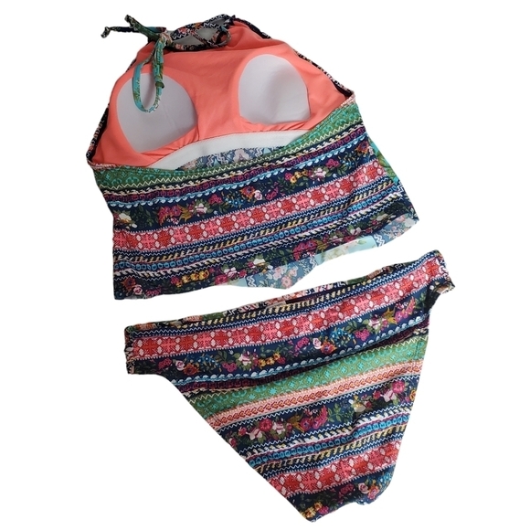 Cremieux Bikini Medium Halter top & Bottoms Blue Orange Colorful Geometric Beach - Picture 2 of 10